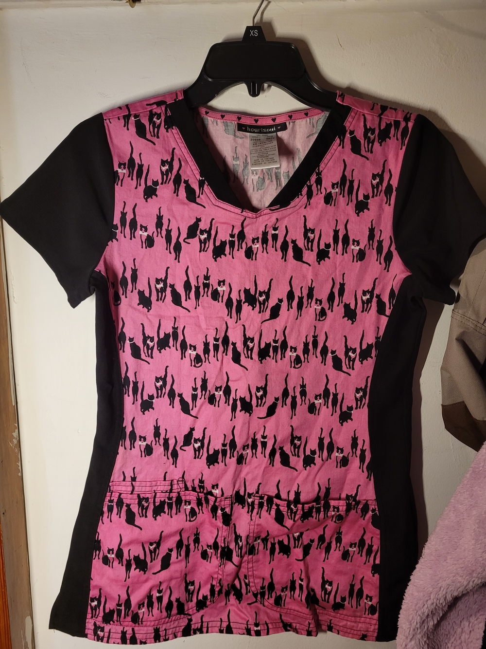 HeartSoul Pink V-Neck Scrub Top with Black Cat Print